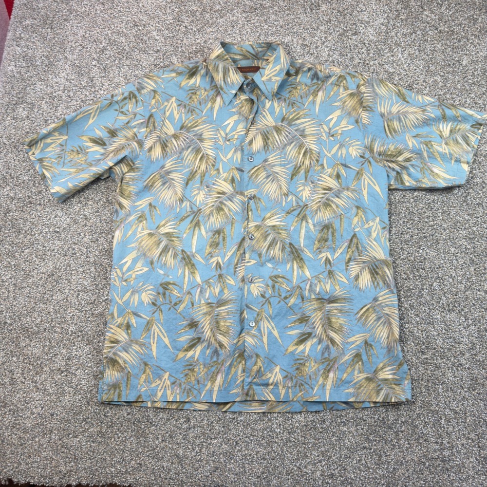 Tori Richard Hawaiian Shirt Mens M Blue Tropical Leaf Aloha Camp Button Up USA